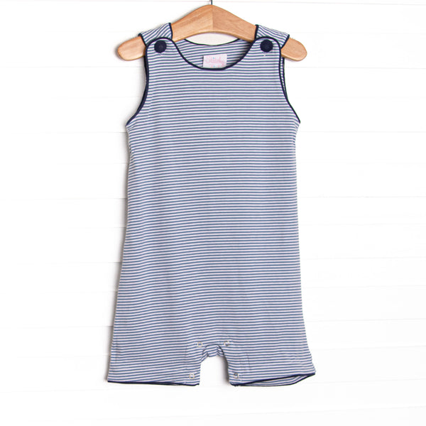 The romper features soft knit material, slate blue stripes, and snaps in the stride to make changing a breeze.