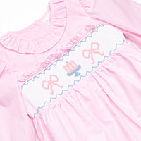 Happy Birthday Bows Smocked Long Sleeve Bubble, Pink Gingham