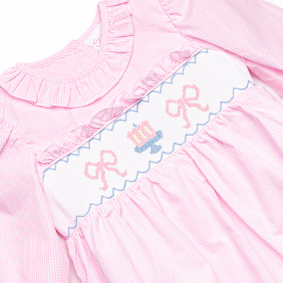 Happy Birthday Bows Smocked Long Sleeve Bubble, Pink Gingham