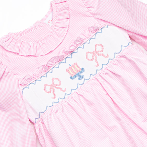 Happy Birthday Bows Smocked Long Sleeve Bubble, Pink Gingham