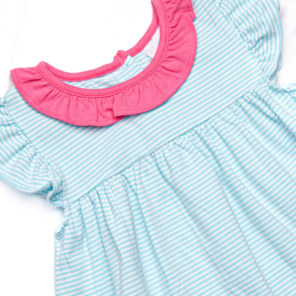 Hannah Flutter Sleeve Dress, Hot Pink and Aqua Stripe