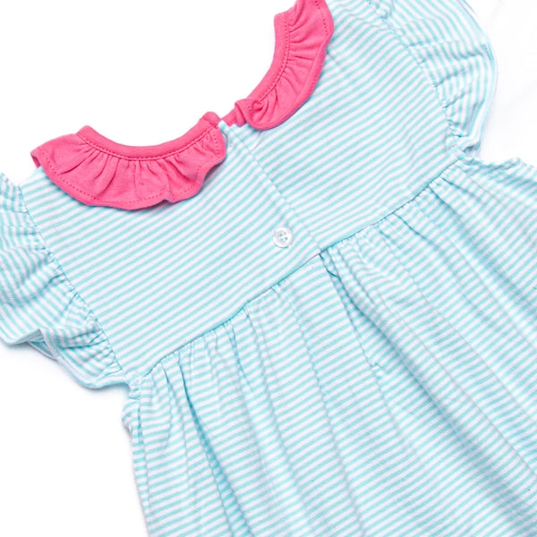 Hannah Flutter Sleeve Dress, Hot Pink and Aqua Stripe