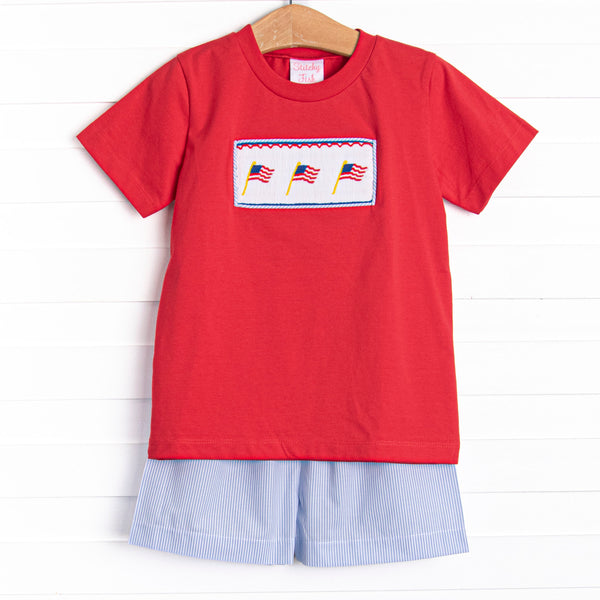Banner in the Breeze Smocked Short Set, Blue