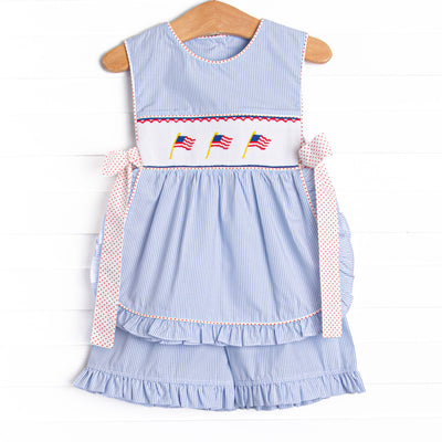 Banner in the Breeze Smocked Side Tie Ruffle Short Set, Blue