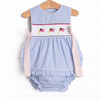 Banner in the Breeze Smocked Side Tie Diaper Set, Blue