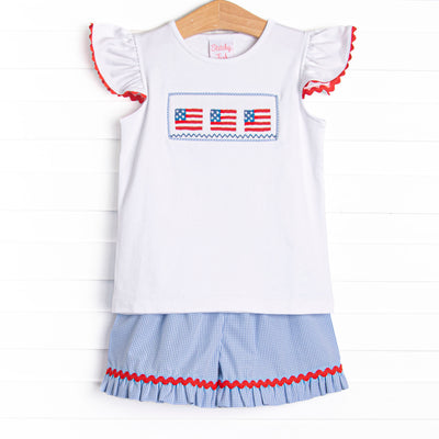 Salute the Flag Smocked Ruffle Short Set, Blue