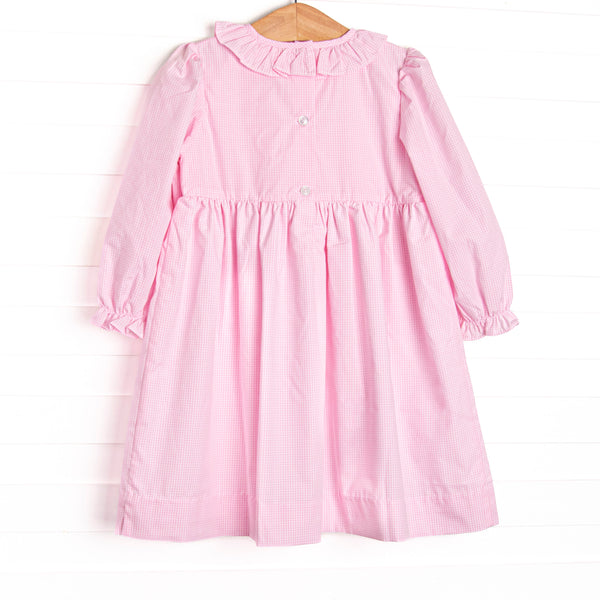 Happy Birthday Bows Smocked Long Sleeve Dress, Pink Gingham