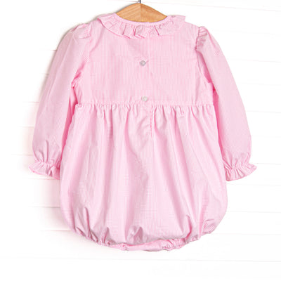 Happy Birthday Bows Smocked Long Sleeve Bubble, Pink Gingham