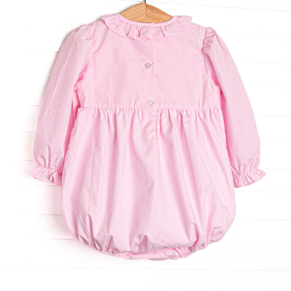 Happy Birthday Bows Smocked Long Sleeve Bubble, Pink Gingham