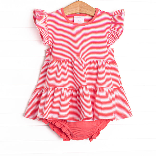  The set features pink stripes, flutter sleeves, and pink knit diaper cover. 