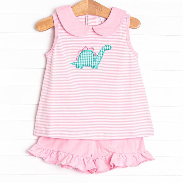 Spikey-saurus Applique Short Set, Pink