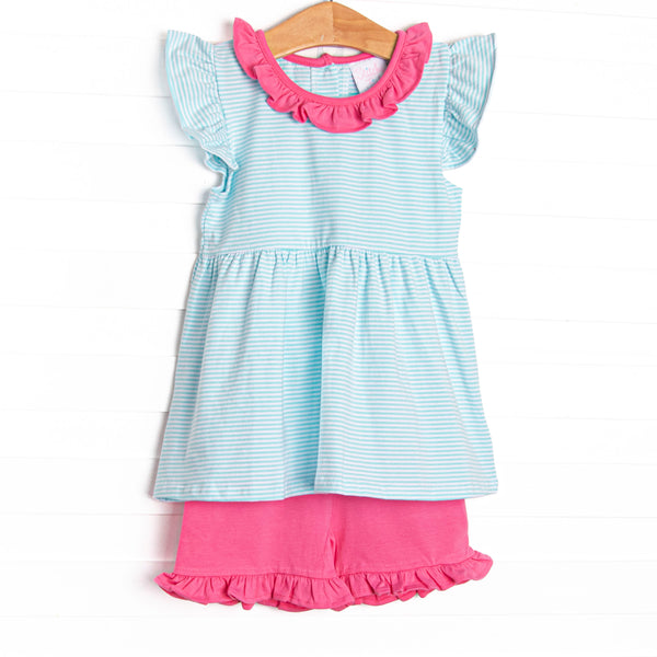 The set features a precious pink ruffle collar, sweet aqua blue stripes, and breathable knit material.
