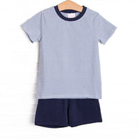 This cozy knit favorite is a staple for every little guy's closet featuring soft knit material, coordinating navy blue shorts, and slate blue striped top.