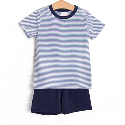This cozy knit favorite is a staple for every little guy's closet featuring soft knit material, coordinating navy blue shorts, and slate blue striped top.