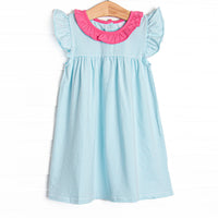 This dress features a precious ruffle collar, sweet aqua blue stripes, and soft knit material.