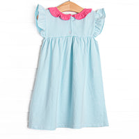 Hannah Flutter Sleeve Dress, Hot Pink and Aqua Stripe