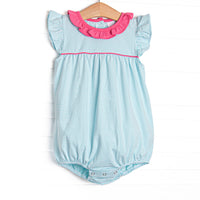  This cozy knit favorite is a staple for every little girl's closet. Featured here in aqua blue stripes. Short flutter sleeves and hot pink ruffles add adorable details! 