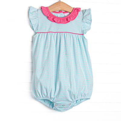  This cozy knit favorite is a staple for every little girl's closet. Featured here in aqua blue stripes. Short flutter sleeves and hot pink ruffles add adorable details! 