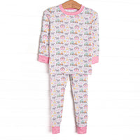 This set is made of the extremely soft, stretchy bamboo viscose fabric that feels like butter and features a pink farm print.