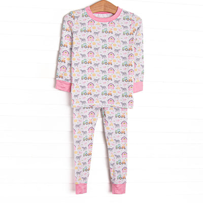 This set is made of the extremely soft, stretchy bamboo viscose fabric that feels like butter and features a pink farm print.