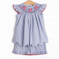 Pledge Allegiance Plaid Smocked Ruffle Short Set, Blue