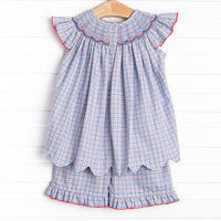 Pledge Allegiance Plaid Smocked Ruffle Short Set, Blue