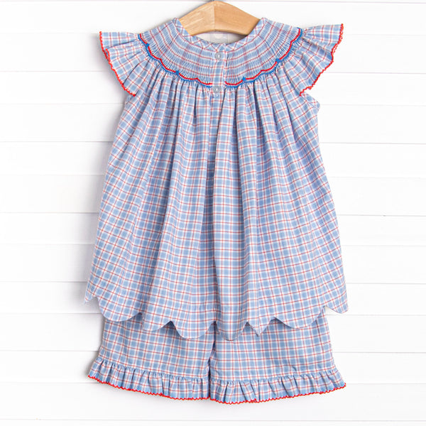 Pledge Allegiance Plaid Smocked Ruffle Short Set, Blue