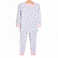 This set is made of the extremely soft, stretchy bamboo viscose fabric that feels like butter and features a pink floral gingham print.