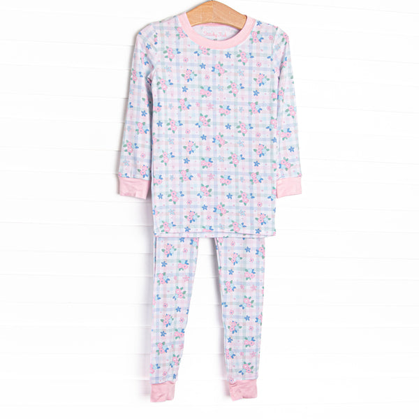 This set is made of the extremely soft, stretchy bamboo viscose fabric that feels like butter and features a pink floral gingham print.