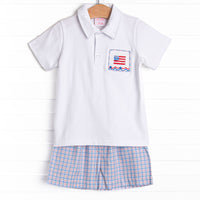 Pledge Allegiance Plaid Smocked Short Set, Blue