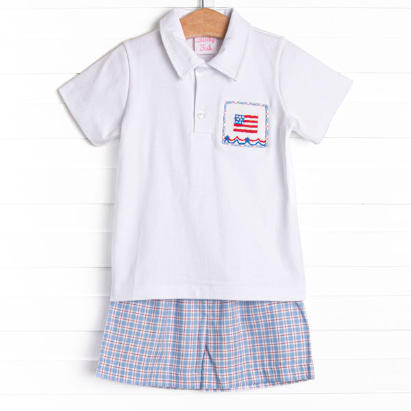 Pledge Allegiance Plaid Smocked Short Set, Blue