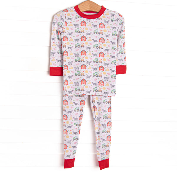 This set is made of the extremely soft, stretchy bamboo viscose fabric that feels like butter and features a red farm print.