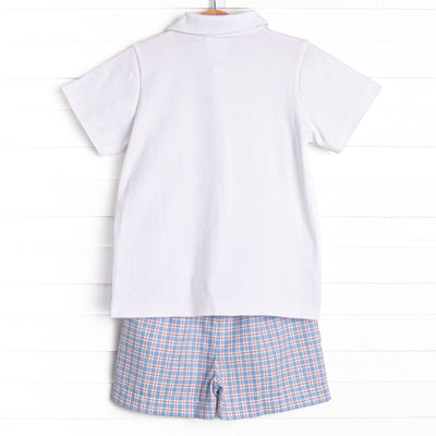 Pledge Allegiance Plaid Smocked Short Set, Blue
