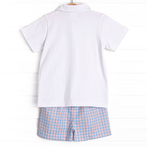 Pledge Allegiance Plaid Smocked Short Set, Blue