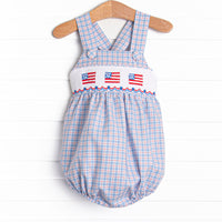 Pledge Allegiance Plaid Smocked Sunsuit, Blue