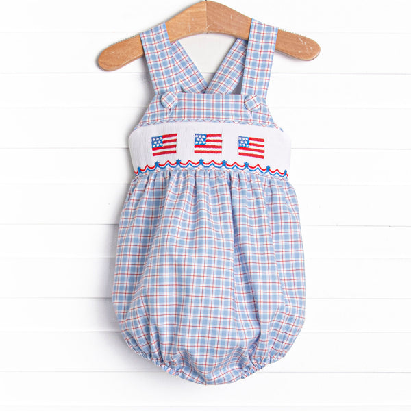 Pledge Allegiance Plaid Smocked Sunsuit, Blue
