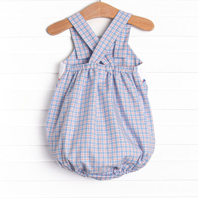 Pledge Allegiance Plaid Smocked Sunsuit, Blue