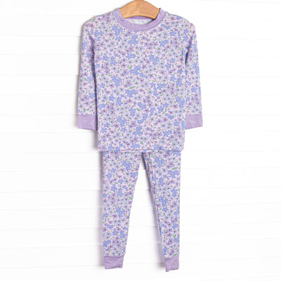This set is made of the extremely soft, stretchy bamboo viscose fabric that feels like butter and features a purple floral print.