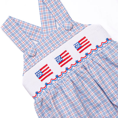 Pledge Allegiance Plaid Smocked Sunsuit, Blue
