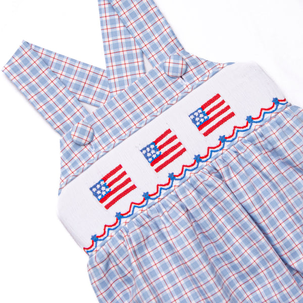 Pledge Allegiance Plaid Smocked Sunsuit, Blue