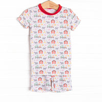  This set is made of the extremely soft, stretchy bamboo viscose fabric that feels like butter and features a red farm print. 