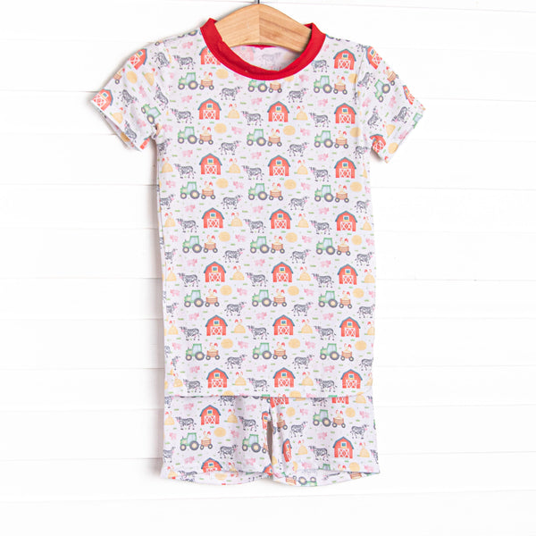  This set is made of the extremely soft, stretchy bamboo viscose fabric that feels like butter and features a red farm print. 