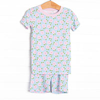 This set is made of the extremely soft, stretchy bamboo viscose fabric that feels like butter and features a blue and pink floral print. 