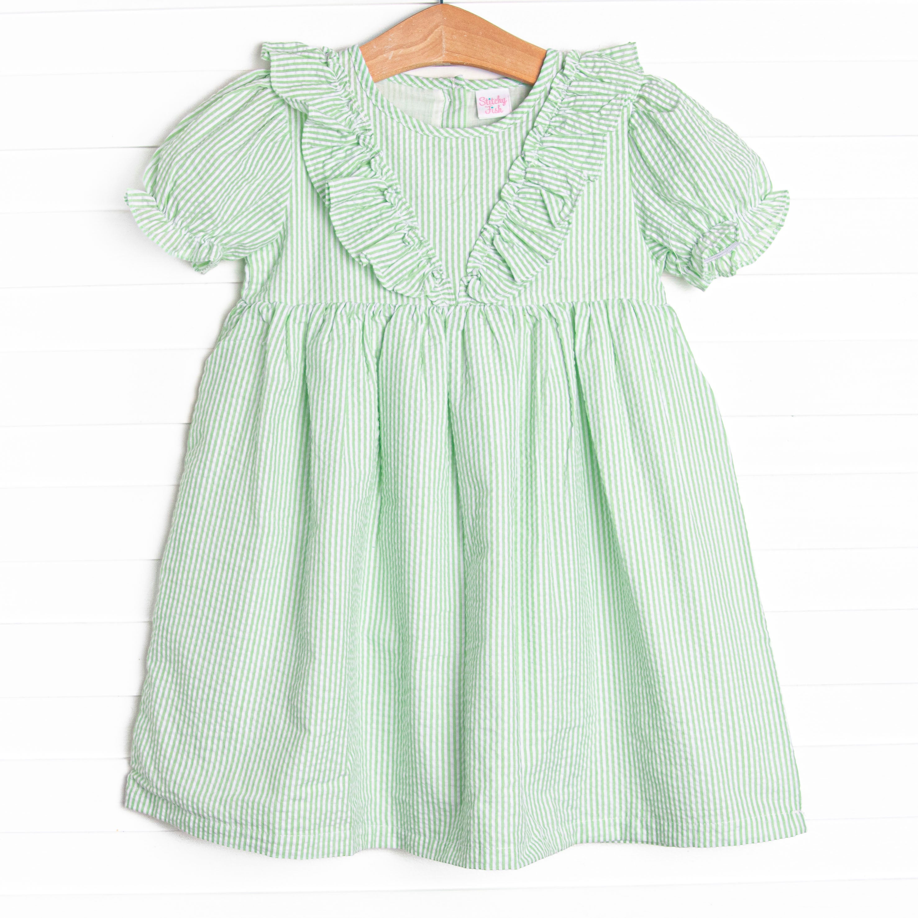 green seersucker dress The Jan Dress in Green Seersucker