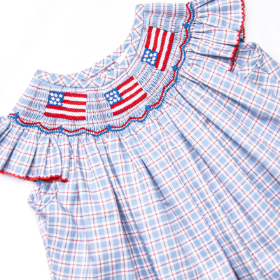 Pledge Allegiance Plaid Smocked Ruffle Short Set, Blue