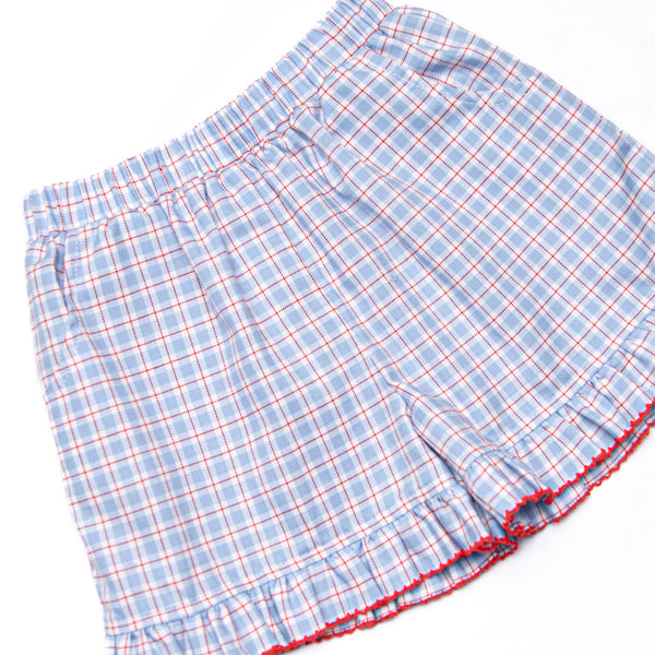Pledge Allegiance Plaid Smocked Ruffle Short Set, Blue