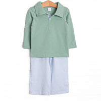  This set features a sage green long sleeve polo top and blue striped pants to match. 