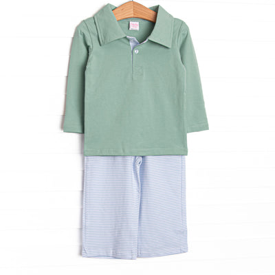  This set features a sage green long sleeve polo top and blue striped pants to match. 