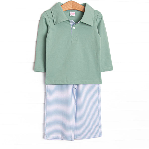  This set features a sage green long sleeve polo top and blue striped pants to match. 