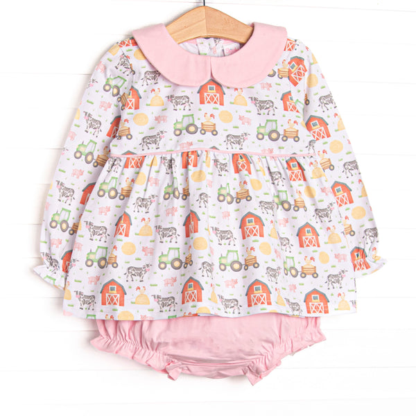  The set features a barnyard print, a pink peter pan collar, and coordinating pink diaper cover to match. 